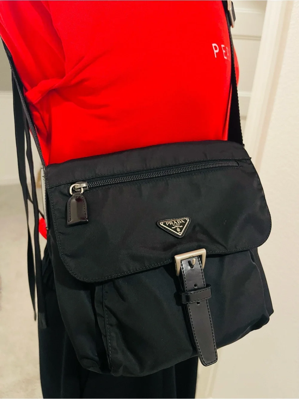 Prada Black Nylon Messenger Crossbody Bag with Silver Hardware